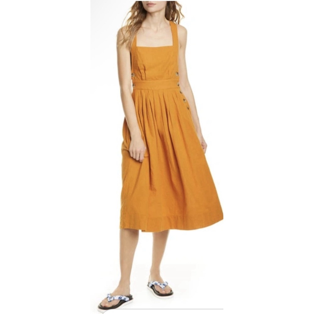 Free People Lula Midi Dress In Gold Size 4 Pinafore Overall‎